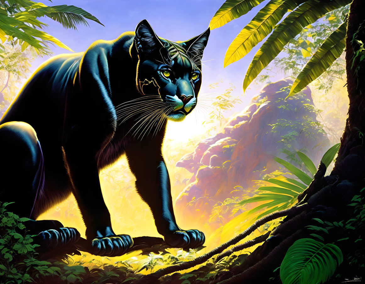 Black Panther Roaming Lush Jungle Under Sunlight