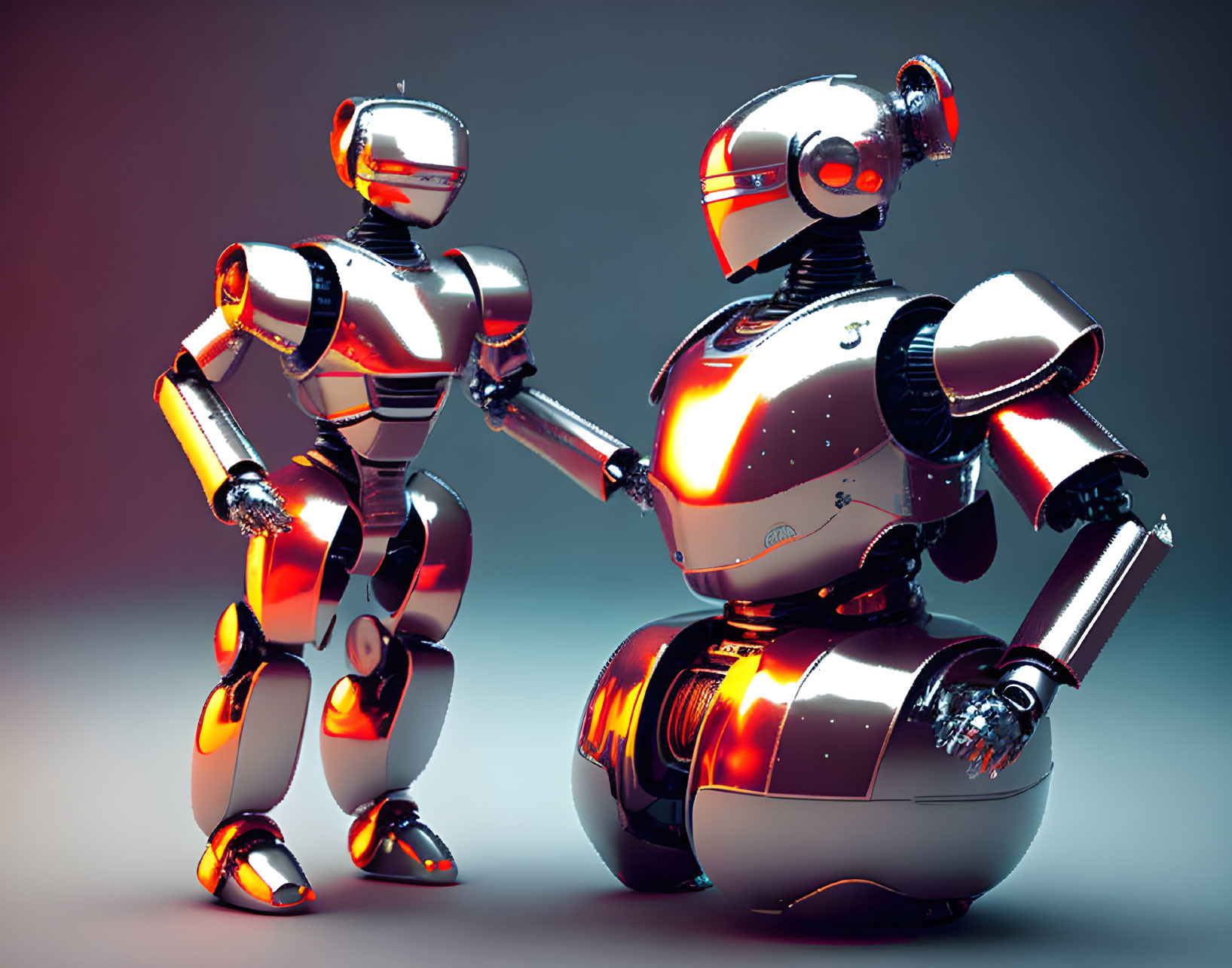 Futuristic robots with sleek designs and glowing orange accents on gradient background