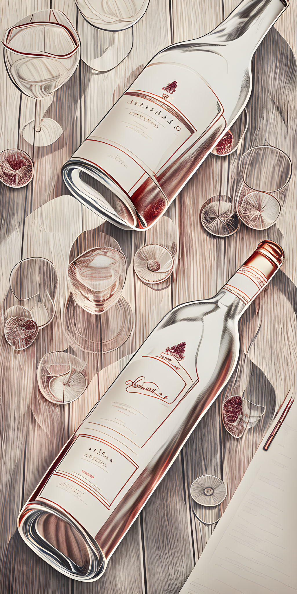 Illustration of Wine Bottle and Glasses on Wooden Surface