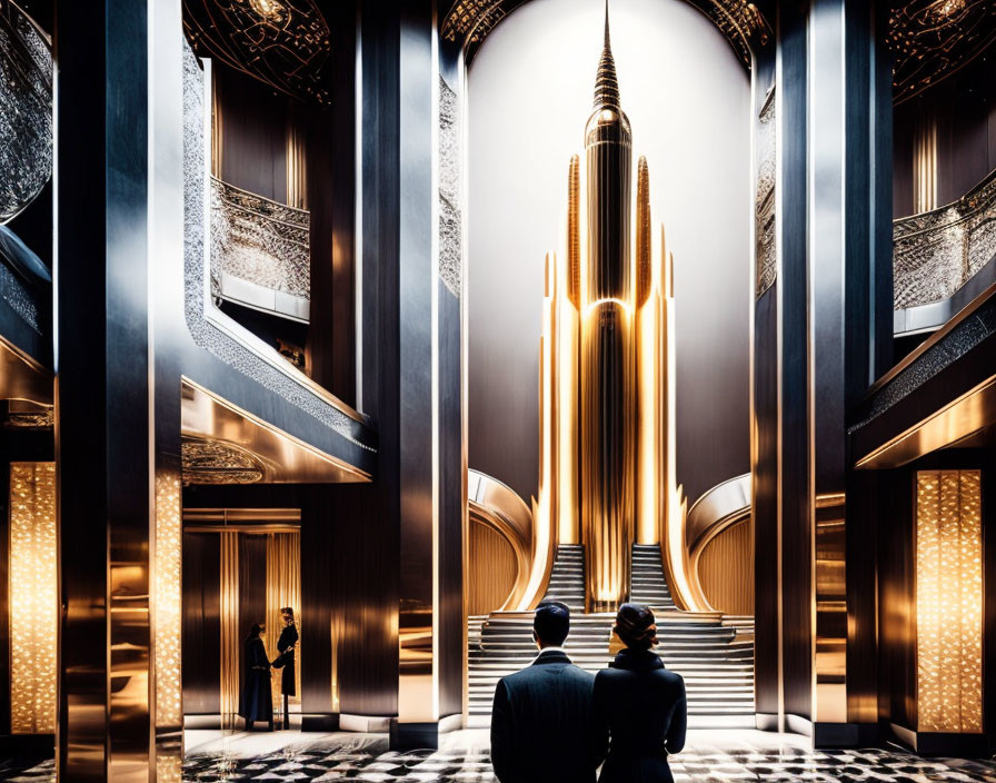 Futuristic lobby with ornate designs and towering golden structure