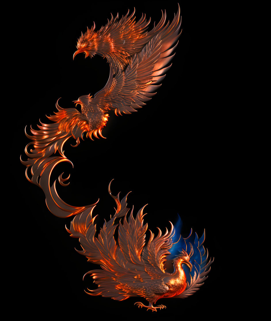 Fiery Phoenix Digital Art: Wings Ablaze in Orange, Red, and Blue