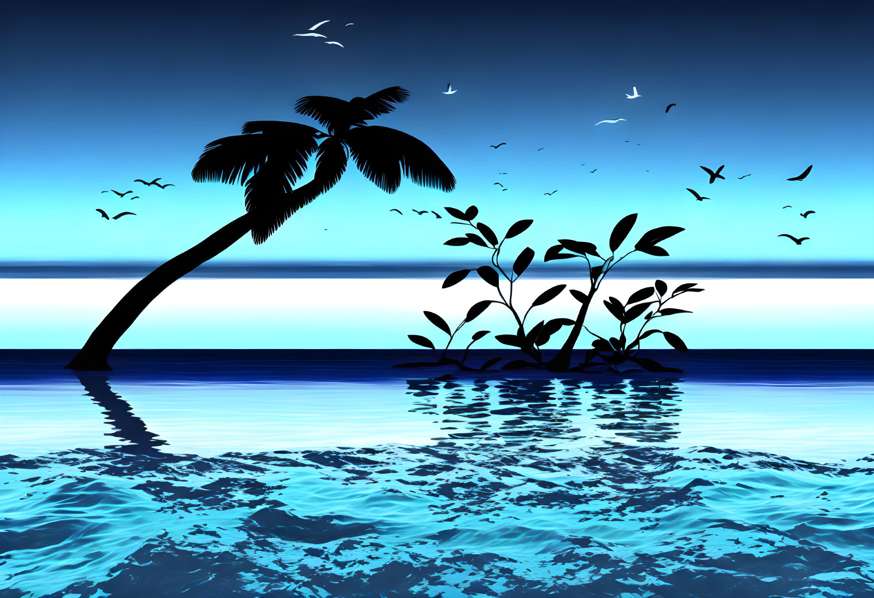 Twilight scene: Palm tree silhouette, birds, serene blue water