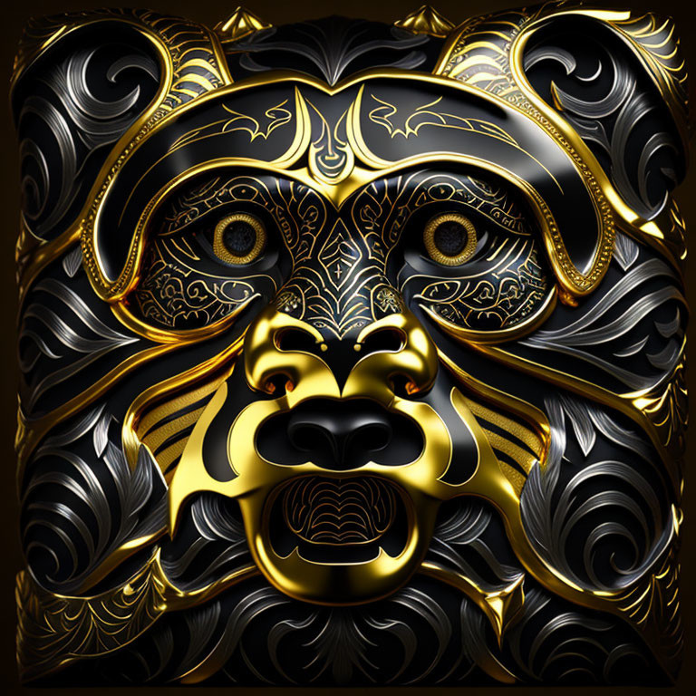 Intricate metallic lion's face with gold and black patterns