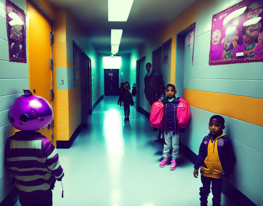 Colorful school corridor with children in backpacks and posters under fluorescent lighting