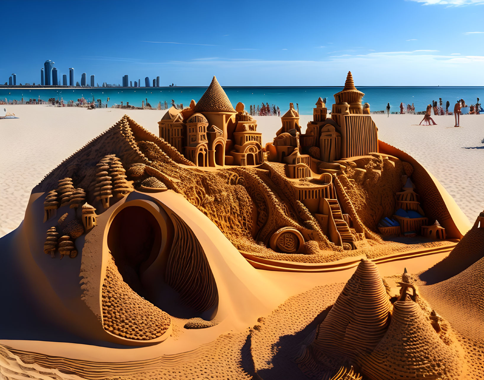 Detailed sandcastle on beach with towers, stairs, and skyscrapers in the background