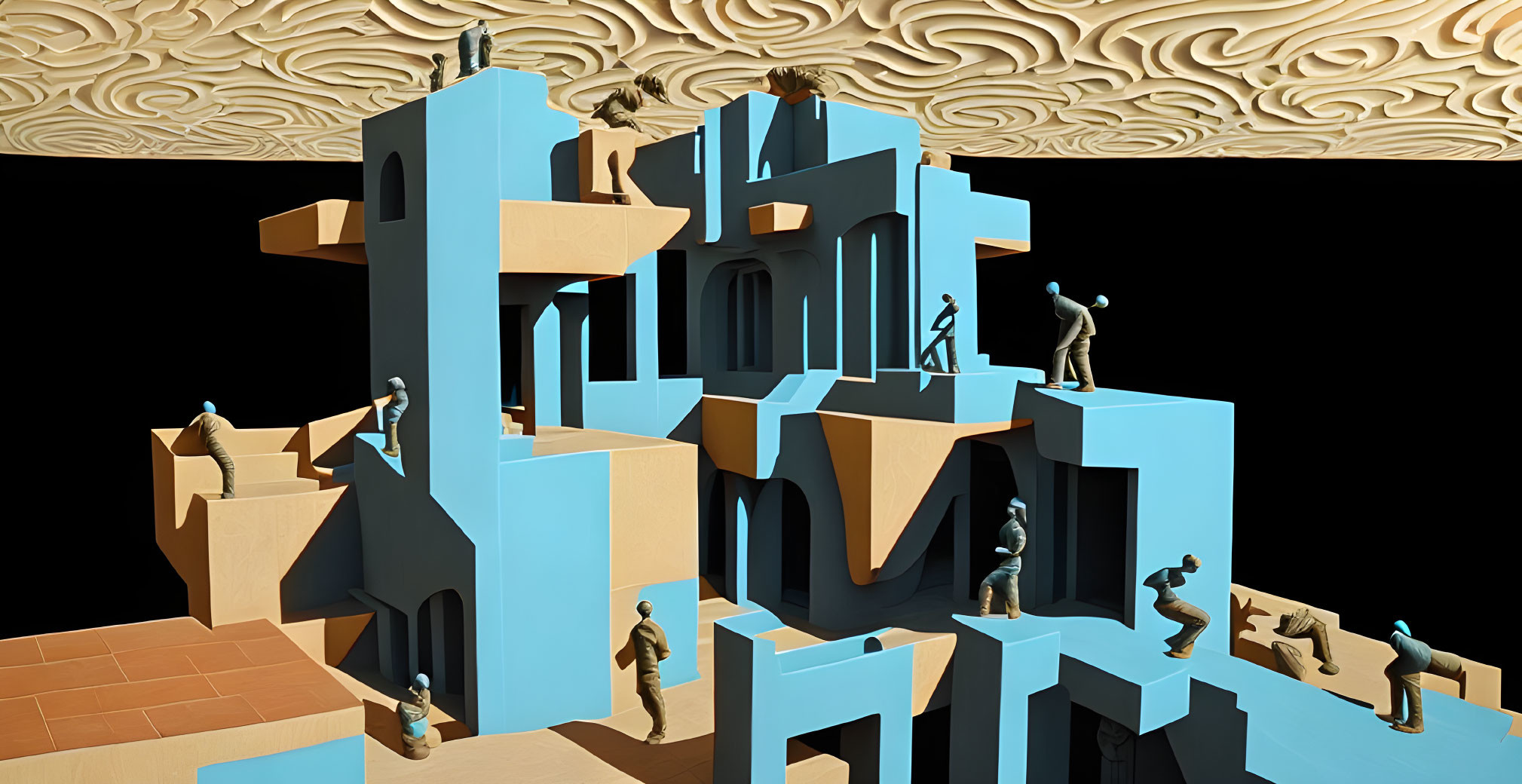 Surreal 3D artwork: Figures in impossible architecture against wavy background