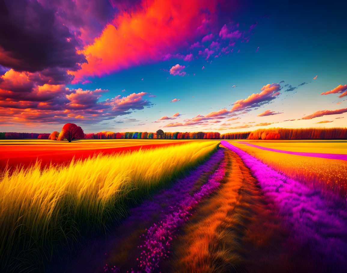 Colorful sunset over field with blue sky and trees on horizon