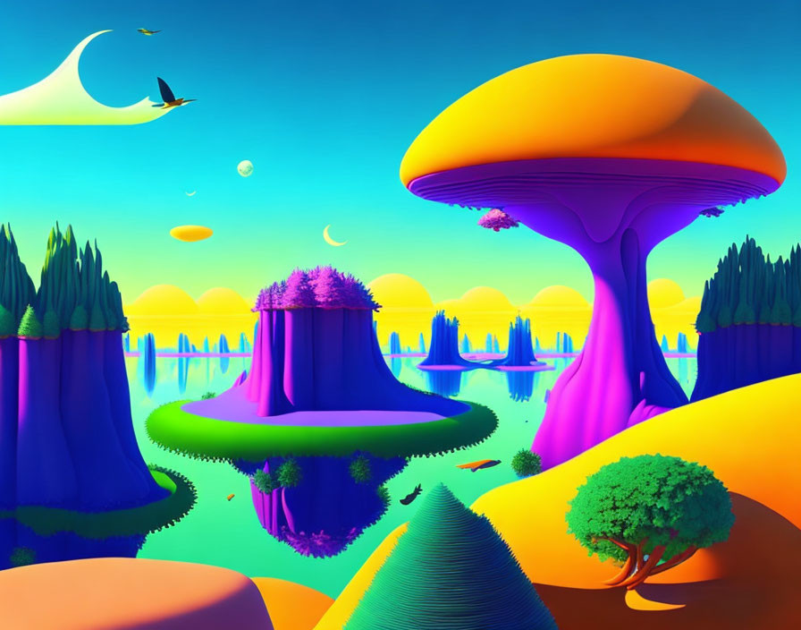 Colorful surreal landscape with oversized mushrooms and stylized moon