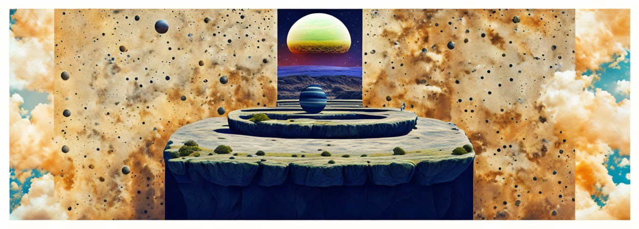 Surreal panoramic landscape with floating island and celestial elements