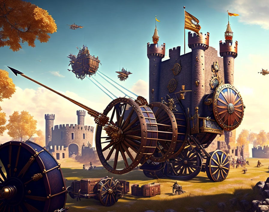 Fantasy landscape with mobile castle, airships, and medieval castle in autumn.