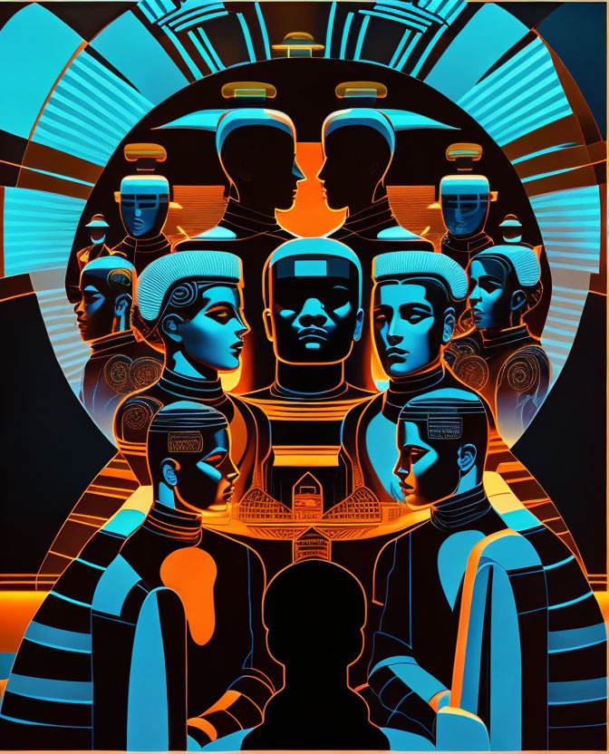 Abstract futuristic digital artwork with human figures and intricate geometric backdrop.