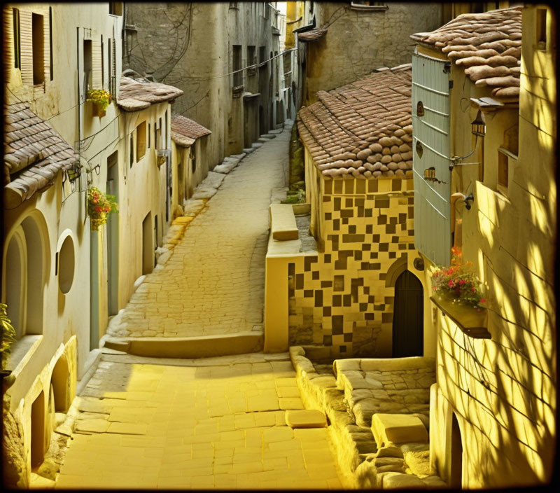 Quaint old town: Sunlit cobbled street & traditional houses