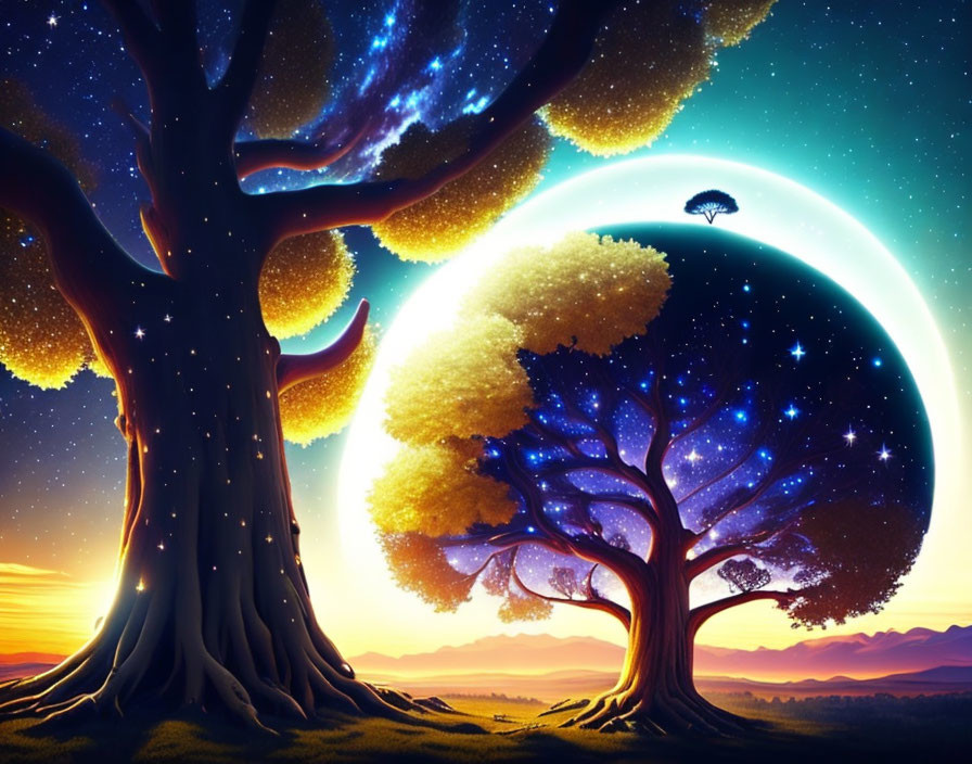 Digital artwork of two cosmic trees under starry sky