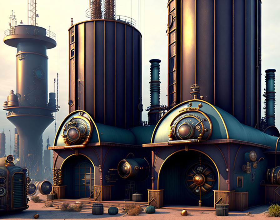 Steampunk-inspired industrial scene with brass and copper structures