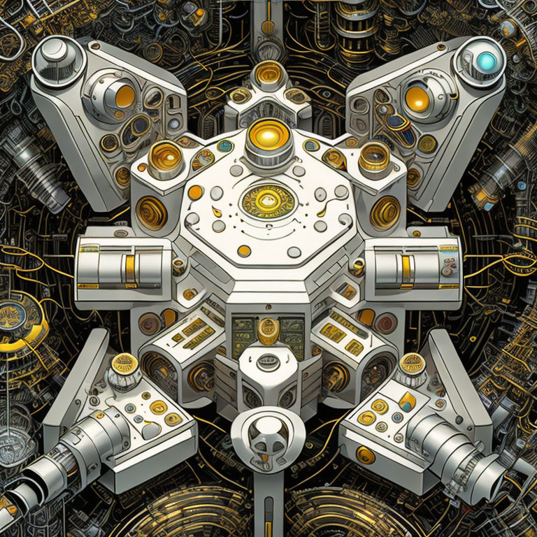 Detailed Futuristic Mechanical Illustration of Silver and Gold Machinery