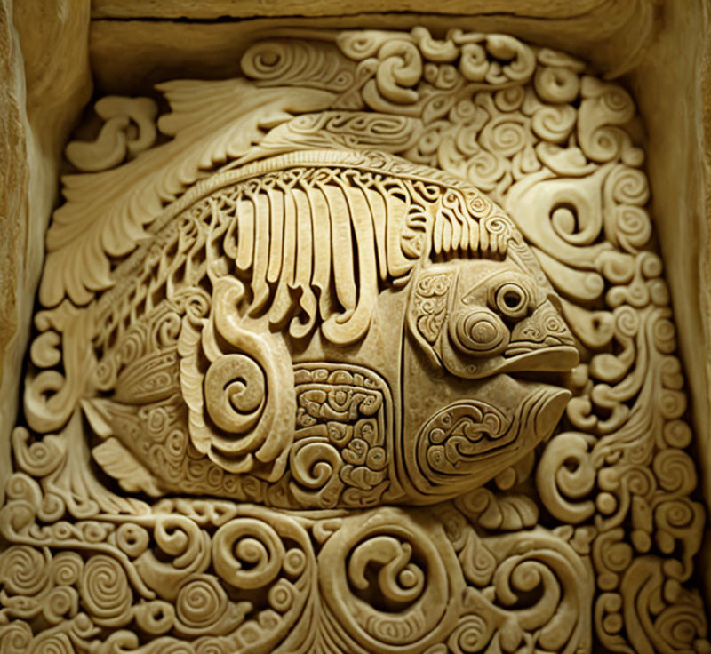 Carved Wooden Fish in Square Frame with Spiral Motifs