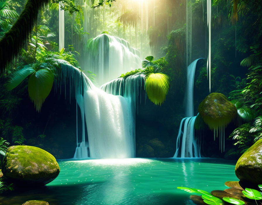 Tranquil jungle waterfall cascading into lush pond