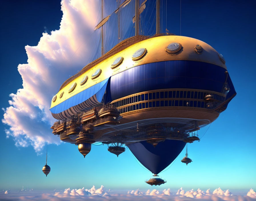 Steampunk airship with sails and golden portholes in serene sunset sky