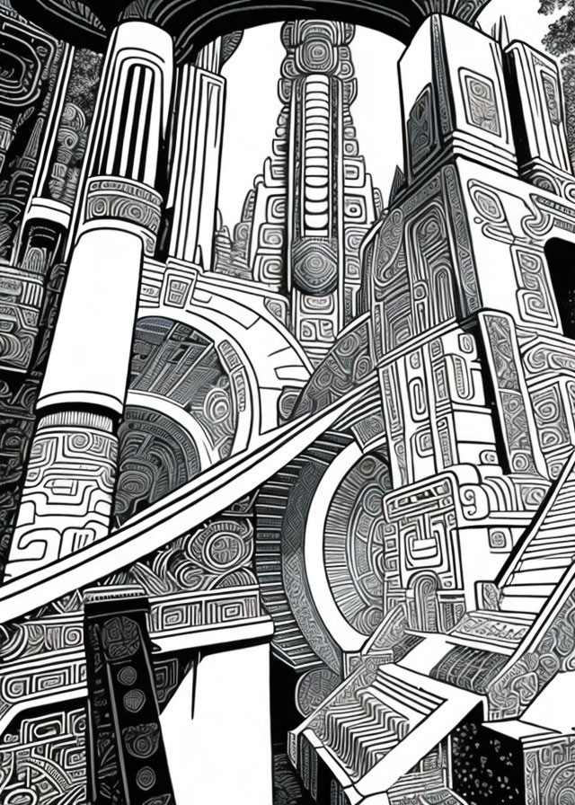 Detailed Abstract Futuristic City Line Drawing in Black and White