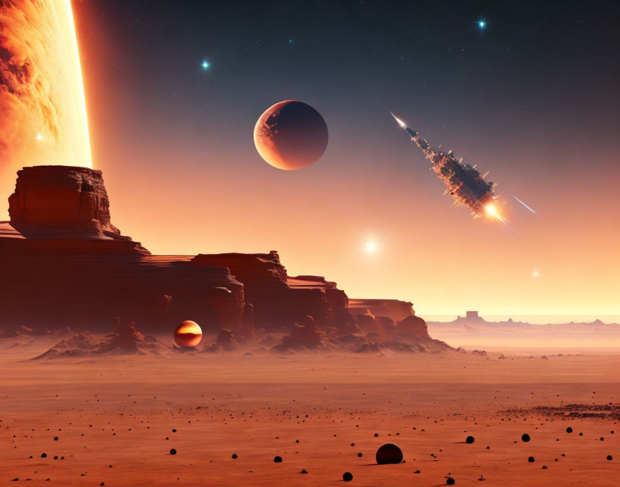 Sci-fi landscape: spaceship entering Mars-like planet atmosphere