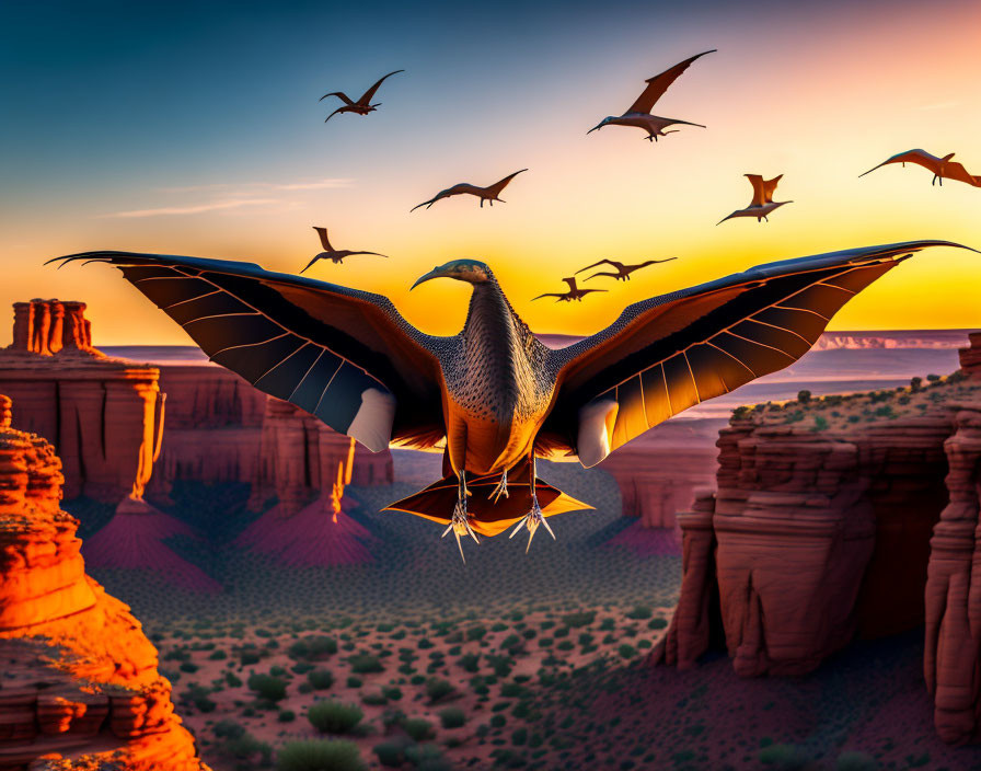 Colorful flying pterodactyl over red rock formations at sunset