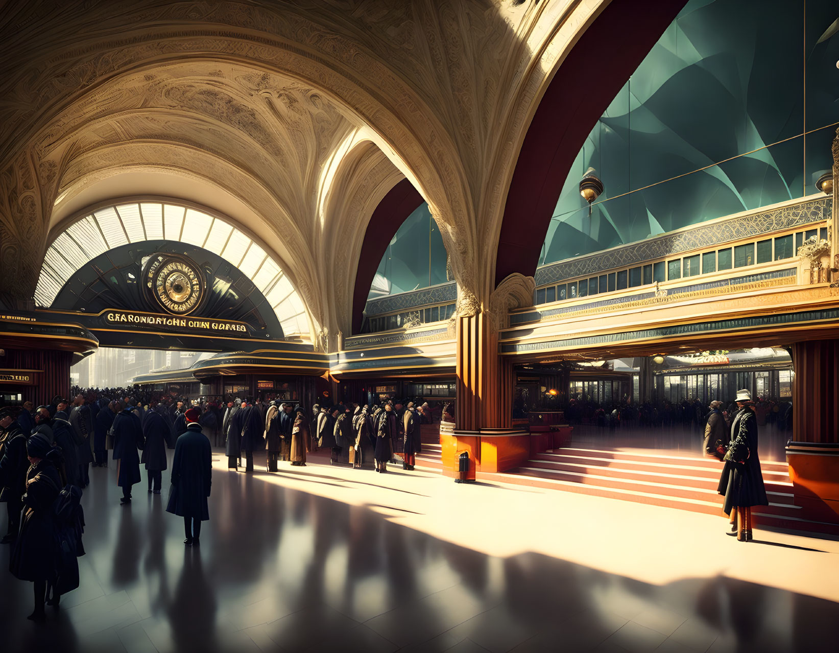 Grand train station with vaulted ceilings & classical architecture, bathed in warm sunlight, bustling with travelers