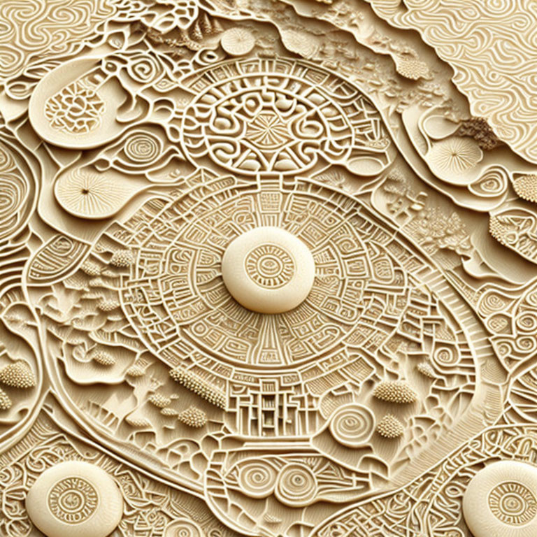 Detailed Beige Bas-Relief with Circular Patterns and Swirling Lines