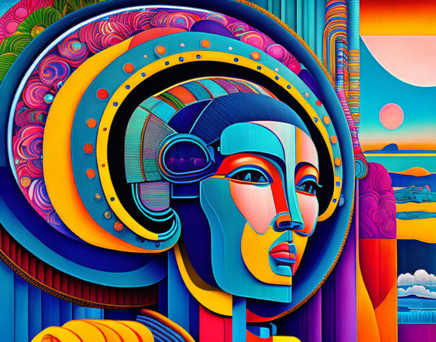 Colorful Digital Art: Stylized Robotic Female Profile with Abstract Landscape