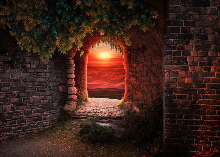 Stone archway frames red sunset over ocean with green foliage and cobblestone path