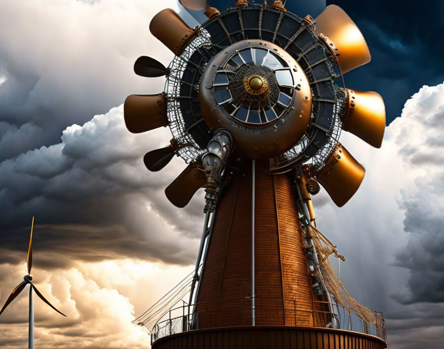 Industrial design: Futuristic turbine tower against dramatic sky