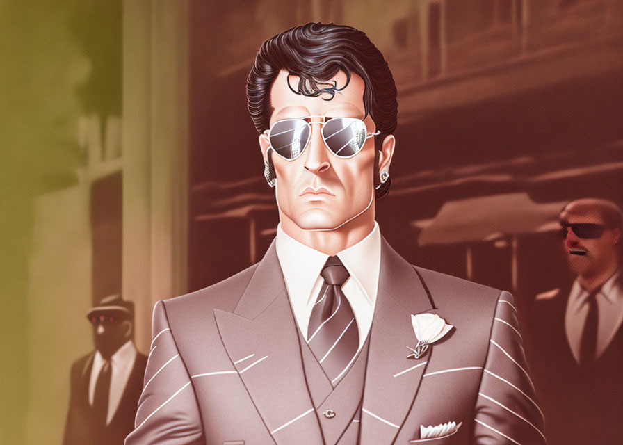 Illustration: Serious man in suit with bodyguards