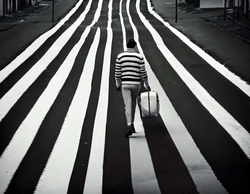 Person walking across large, striped crosswalk with suitcase in monochromatic urban scene