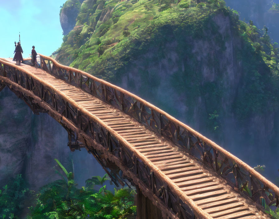 Wooden rope bridge over lush chasm with two figures in mist