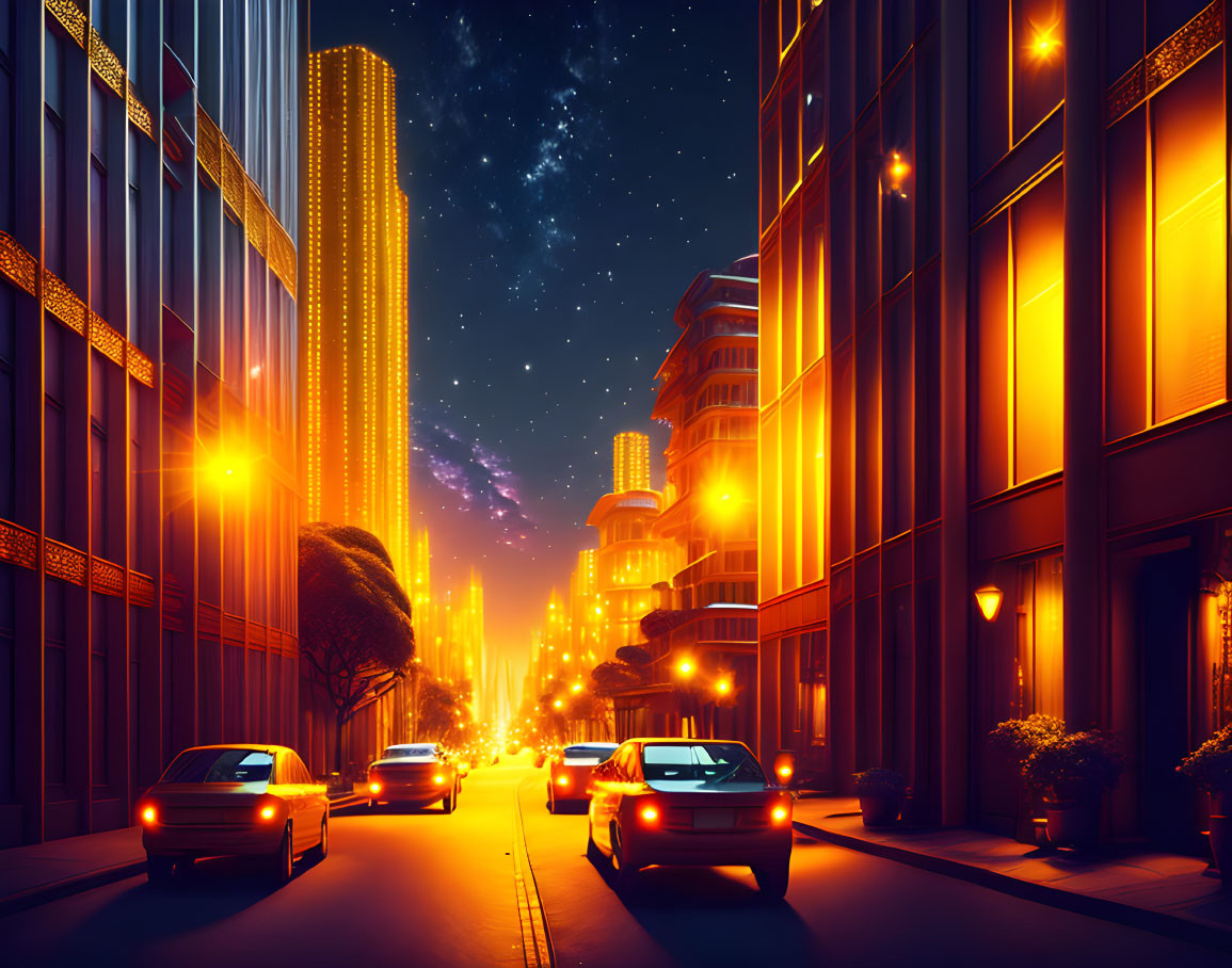 Urban night scene with illuminated buildings, starlit sky, and cars driving.