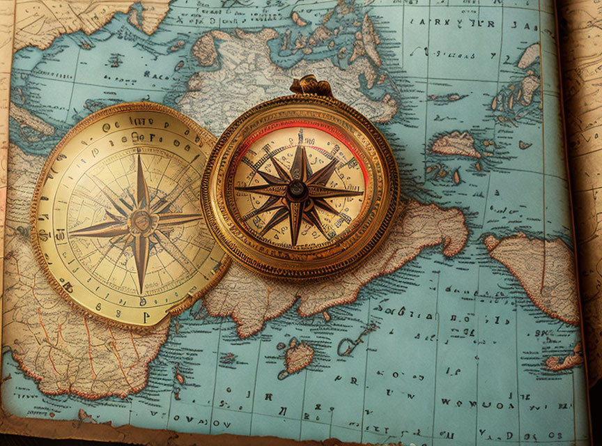 Vintage Compass on Old World Map: Exploration, Travel, Adventure