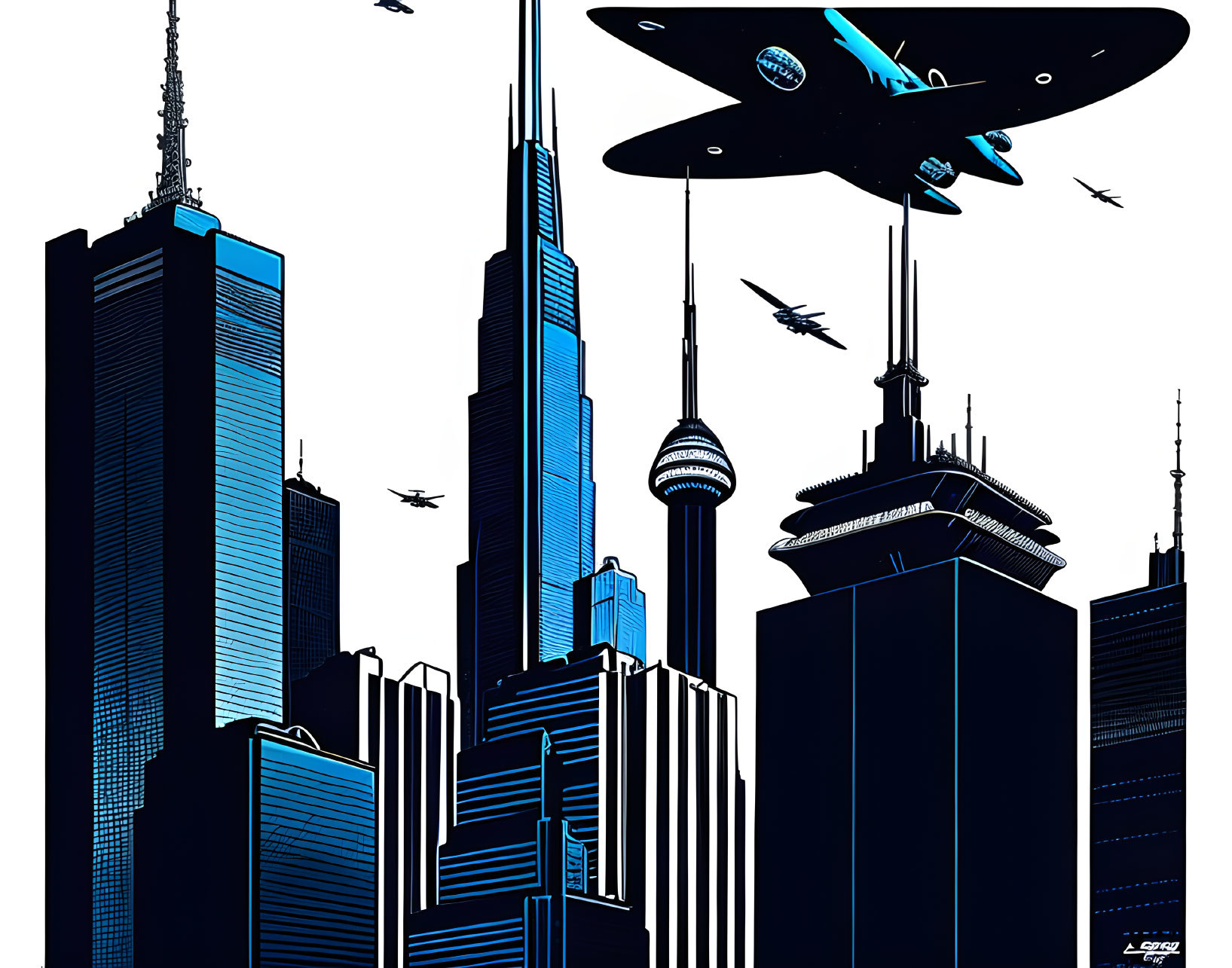 Futuristic cityscape illustration with skyscrapers and flying saucer