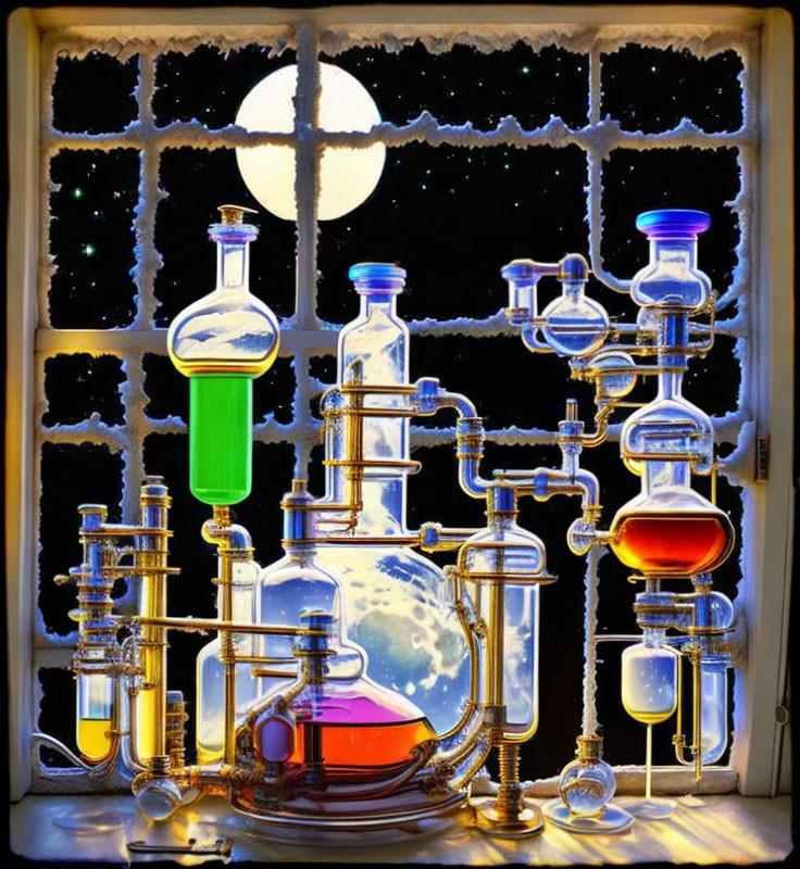 Colorful liquids in glass chemistry apparatus against night sky with moon.