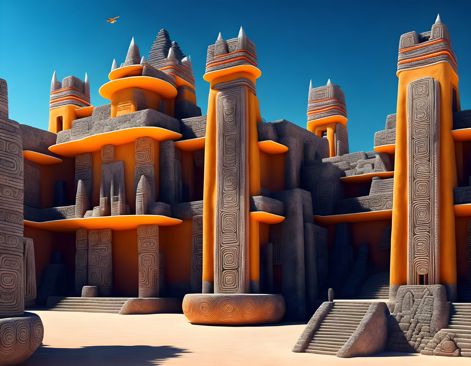 Abstract Orange Desert City with Ziggurat Structures and Flying Craft