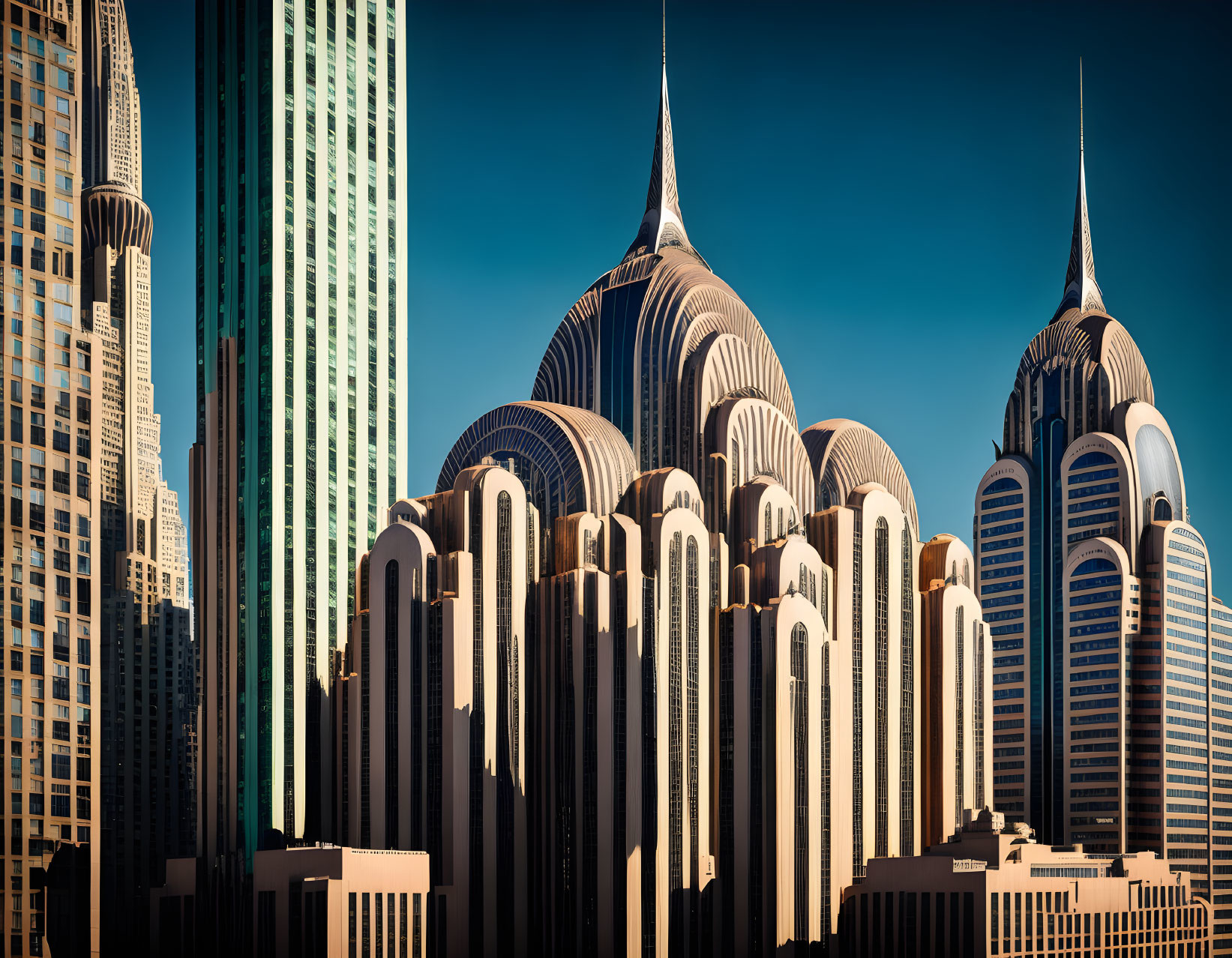 Art Deco-style skyscrapers in modern skyline.