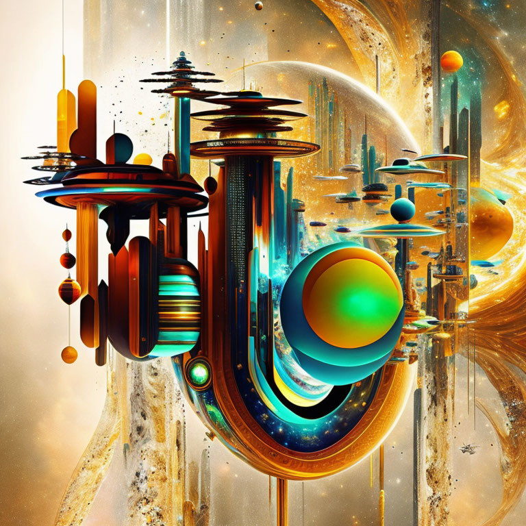 Colorful Abstract Cosmic City with Floating Structures