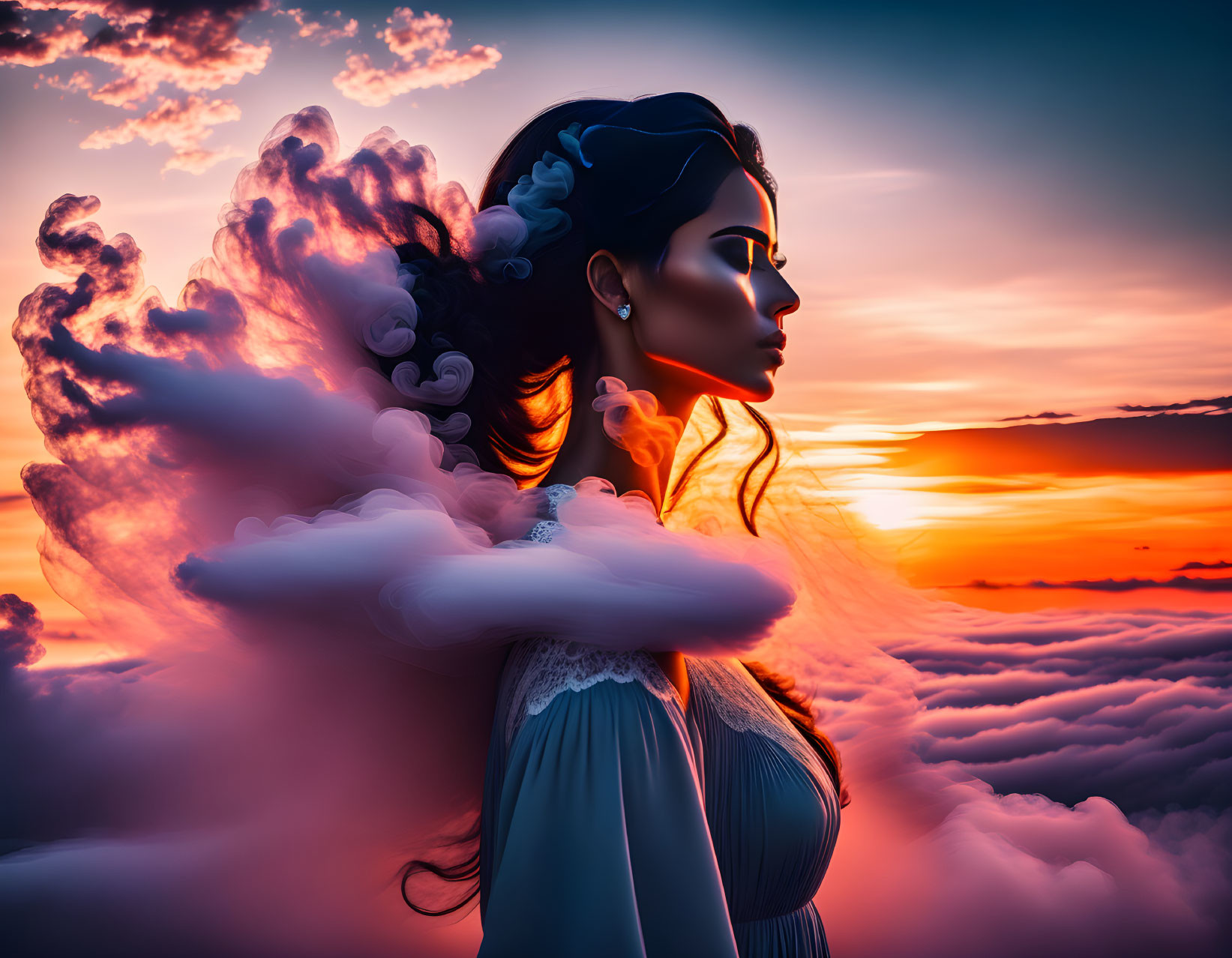 Digital art portrait: Woman with cloud-like hair in vibrant sunset sky