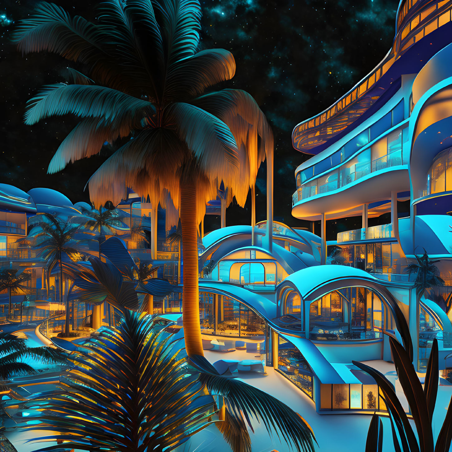 Futuristic resort with glowing blue lights and palm trees under starry sky