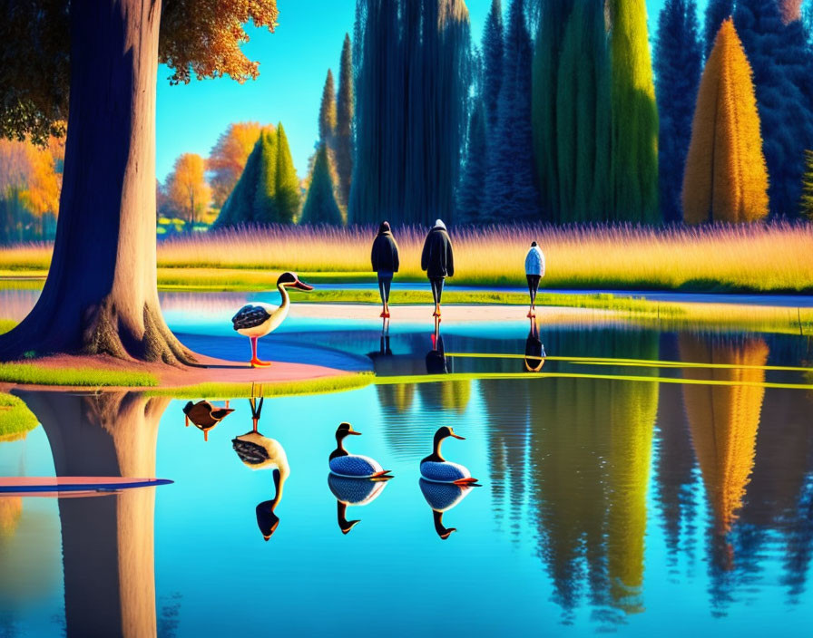 Colorful Autumn Landscape with Birds and Tranquil Lake