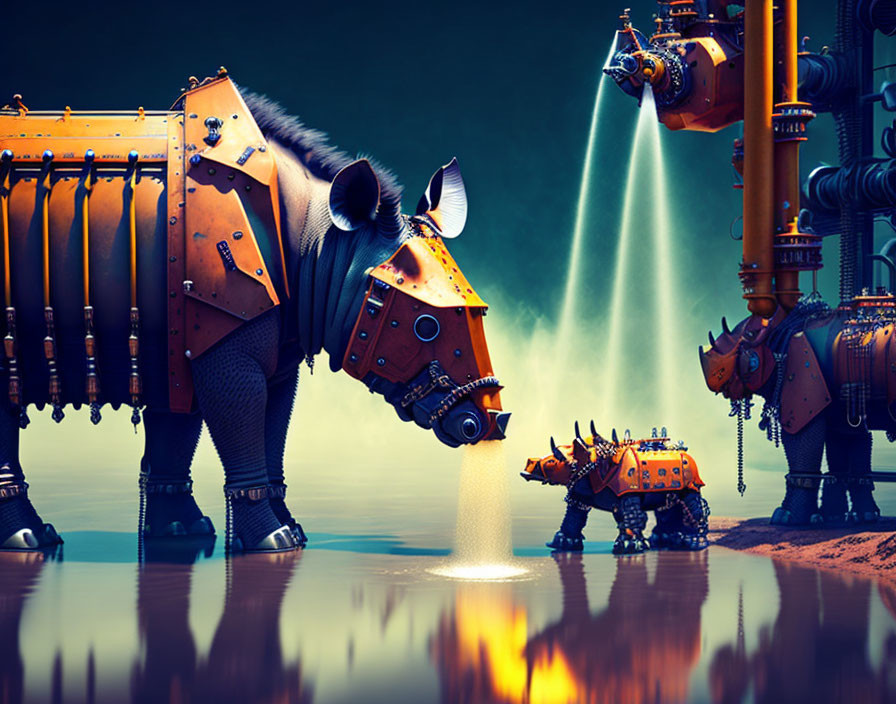 Digital artwork of large and small mechanical bulls in industrial setting with pipes and steam.