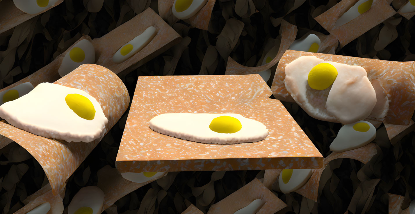 Surreal fried eggs on floating bread in artistic composition