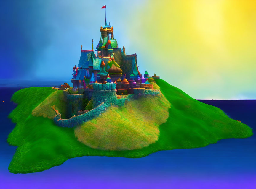 Vibrant digital artwork: fantastical castle on floating island