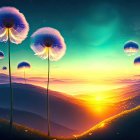 Surreal landscape featuring oversized dandelions and vibrant sunset