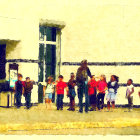 Children and adults in underwater observatory with fish and whale