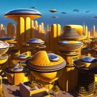 Golden skyscrapers and flying vehicles in futuristic cityscape