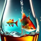 Fish in wine glass with splashes on turquoise background